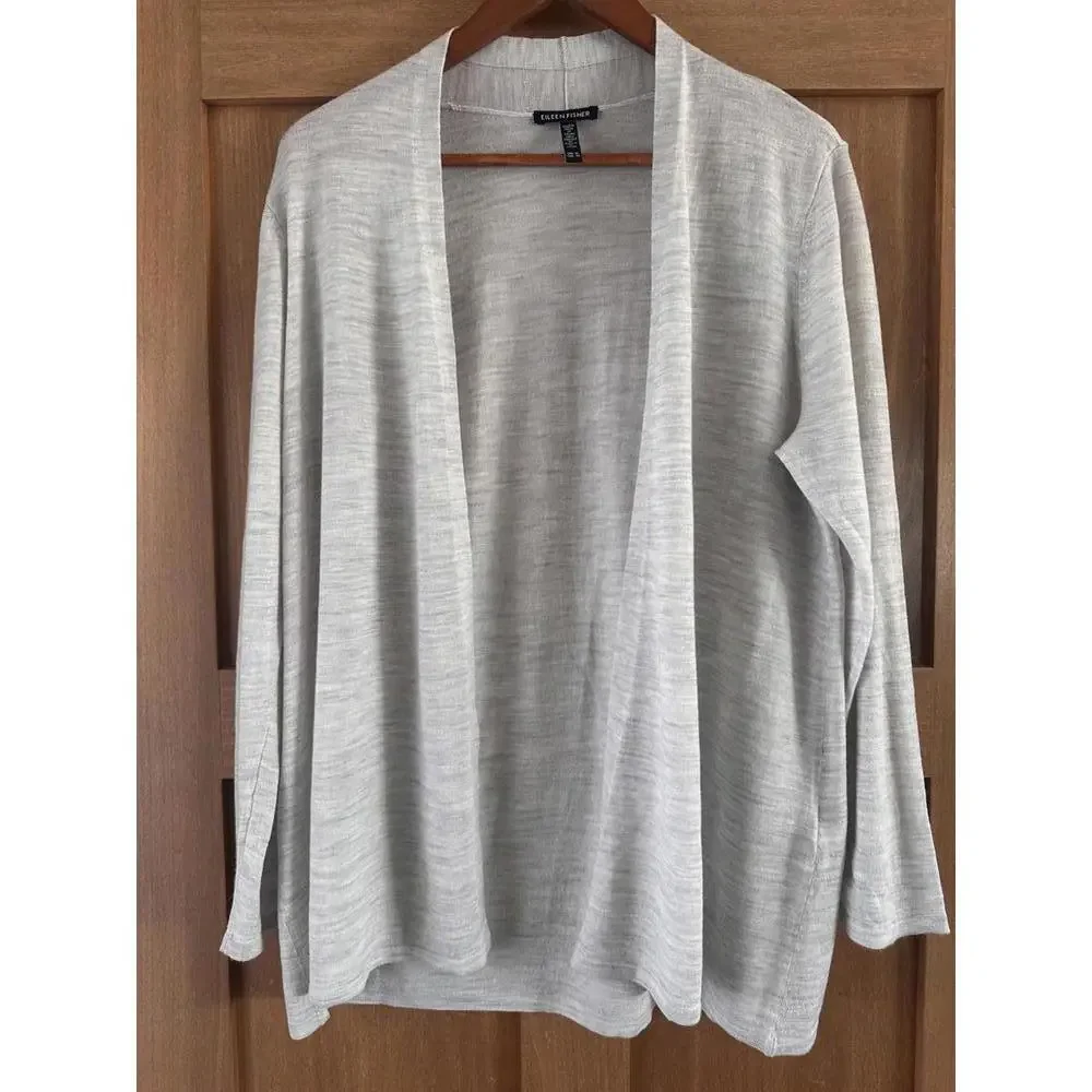 Eileen Fisher 100% Fine Merino Wool Open Front Cardigan Sweater Grey Women’s XL - Picture 12 of 13